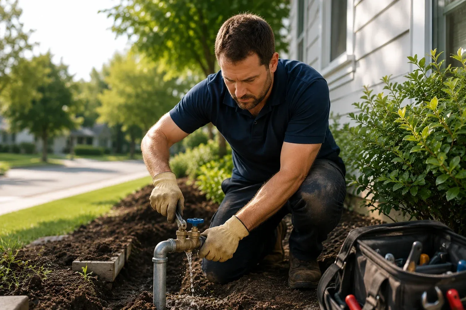 Licensed plumber repairing a water service line in Markham